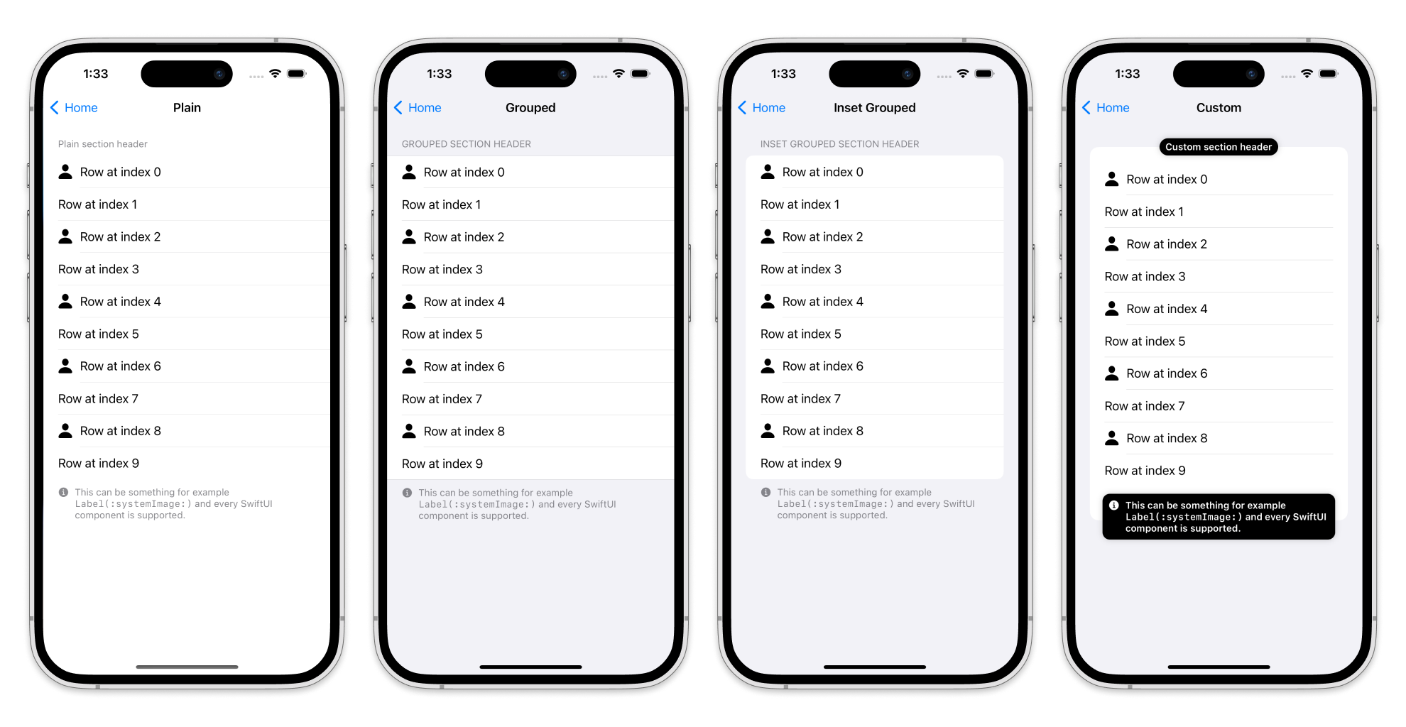 The preview of the `ScrollViewSectionKit` on iPhones 14 Pro Max. The 1st one shows plain style. The 2nd one shows grouped style. The 3rd one shows inset grouped style. The 4th one shows custom style.